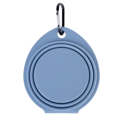 Foldable blue silicone bowl with carabiner for easy attachment. Suitable for travel.