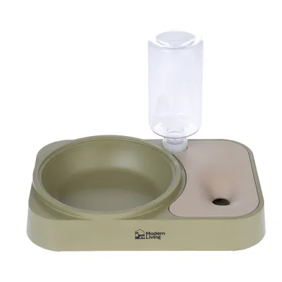 Modern Living estación de alimentación con cuenco verde y depósito de agua transparente, apta para mascotas.