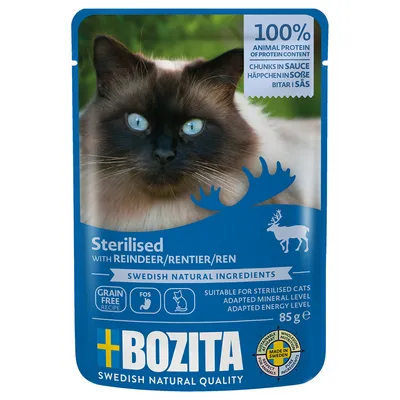 Bozita hrana za sterilizirane mačke s jelenom, 100% životinjskih proteina, bez žitarica, švedski prirodni sastojci, proizvedeno u Švedskoj, pakiranje 85g.