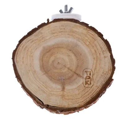 Tiaki disco de madera con soporte metálico, veta natural visible.