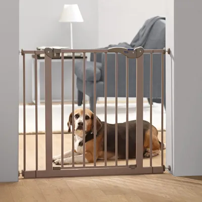 Barrière de sécurité en métal beige installée dans un encadrement de porte, chien allongé derrière la barrière, salon avec canapé et lampe visibles en arrière-plan.