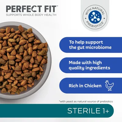 Perfect Fit food with natural prebiotics, supports gut microbiome, made with high quality ingredients, rich in chicken, suitable for sterile 1+.