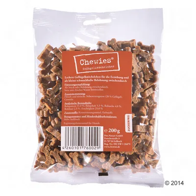 Chewies Geflügelknöchelchen, friandises pour chiens en forme d’os, sachet 200 g. Analyse : protéines 31 %, matières grasses 5,5 %, cendres brutes 4 %, humidité 25 %. Sans sucre ajouté.