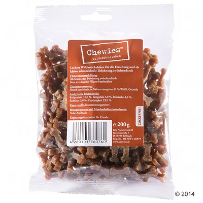 Chewies Wildknöchelchen, friandises pour chiens, 200 g. Analyse: protéines 31 %, matières grasses 6 %, cendres brutes 4 %, fibres brutes 3 %, humidité 25 %. Sans sucre ajouté.