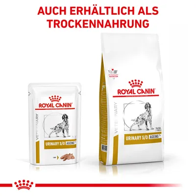 Royal Canin Urinary S/O Ageing 7+ voor honden, verkrijgbaar als nat- en droogvoer. Verpakkingen met hondenafbeelding en productdetails zichtbaar.