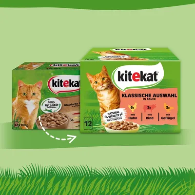 Kitekat Klassische Auswahl in Sauce, 12x100g. Natural Vitality, 6x mit Huhn, 3x mit Rind, 3x mit Geflügel.