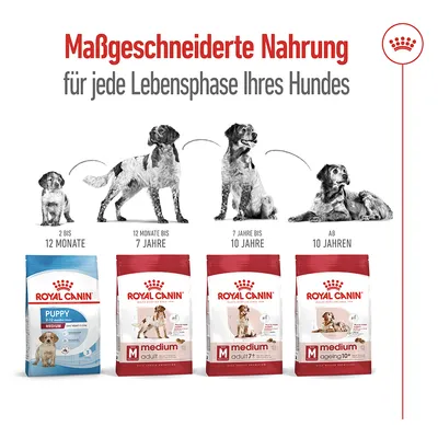 Royal Canin Nahrung für Hunde: Puppy 2-12 Monate, Medium Adult 12 Monate bis 7 Jahre, Medium Adult 7+ 7-10 Jahre, Medium Ageing 10+. Massgeschneiderte Ernährung für jede Lebensphase.