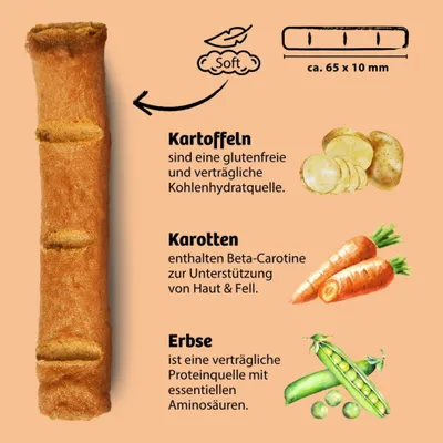 Soft-Stick, ca. 65 x 10 mm, mit Kartoffeln als glutenfreie Kohlenhydratquelle, Karotten für Beta-Carotin und Erbse als Proteinquelle mit essentiellen Aminosäuren.
