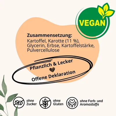 Zusammensetzung: Kartoffel, Karotte (11 %), Glycerin, Erbse, Kartoffelstärke, Pulvercellulose. Vegan, pflanzlich & lecker, offene Deklaration, ohne Zucker, Gluten, Farb- und Aromastoffe.