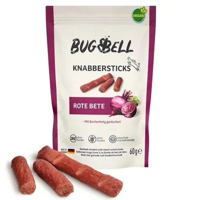 BUGBELL Knabbersticks Rote Bete, vegan, 60g. Zonder suiker, zonder gluten, zonder kleur- en aromastoffen. Afbeelding van knapperige sticks en rode biet op de verpakking.