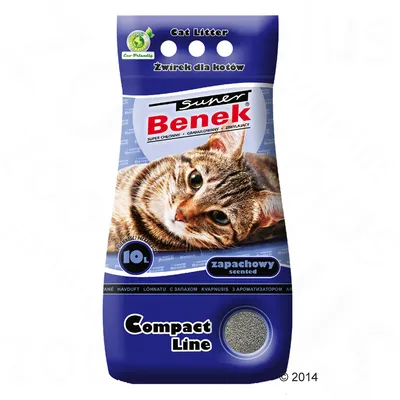 Bag labelled Cat Litter, Super Benek, 10L, scented, Compact Line. Image shows granules and a cat. Text includes multiple languages for scented and compact features.