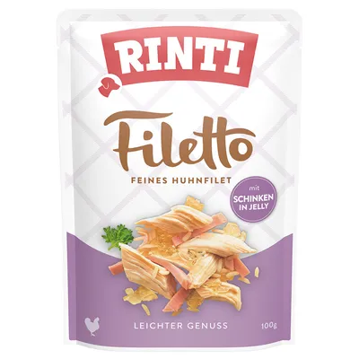Rinti Filetto Feines Huhnfilet mit Schinken in Jelly, Leichter Genuss, sachet de 100 g. Texte en allemand et anglais visible sur l'emballage.