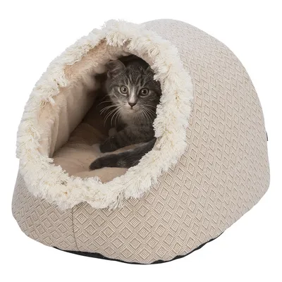 Katzenhöhle aus beigem Stoff mit Plüschrand, innen gepolstert. Graue Katze sitzt in der Höhle.