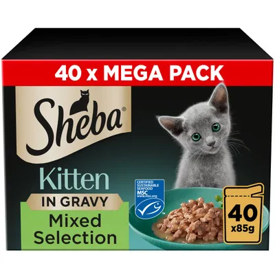 Sheba Kitten in Gravy Mixed Selection, 40 x 85g mega pack. Certified sustainable seafood MSC label shown on packaging.