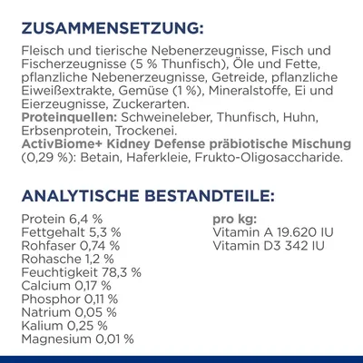 Zusammensetzung: Fleisch, tierische Nebenprodukte, Fisch (5 % Thunfisch), Getreide, Gemüse (1 %). Analytische Bestandteile: Protein 6,4 %, Fettgehalt 5,3 %, Vitamin A 19.620 IU, D3 342 IU.