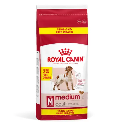 Sac de croquettes Royal Canin medium adult, 18 kg (15 kg + 3 kg gratuits), pour chiens de taille moyenne. Texte visible : Muscle mass support, size M, adult.