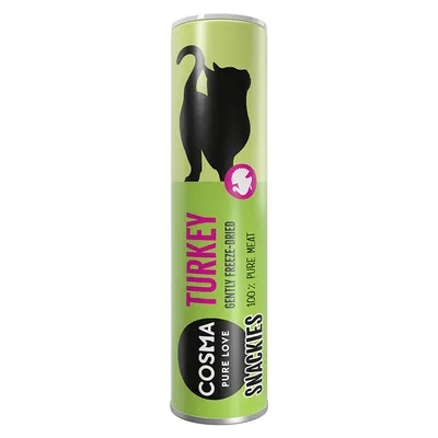 COSMA PURE LOVE SNACKIES TURKEY, gently freeze-dried, 100% pure meat. Groene verpakking met zwarte kat silhouet en roze tekst.
