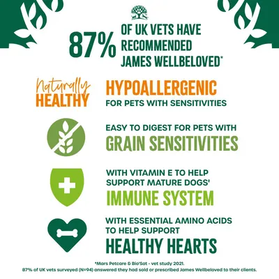 87% of UK vets recommend James Wellbeloved. Hypoallergenic for pets with sensitivities, easy to digest for grain sensitivities, supports immune system and healthy hearts.