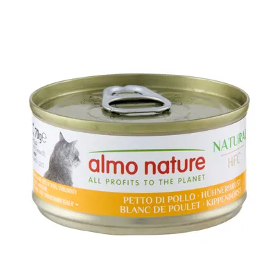 Almo Nature Natural HFC, Hühnchenbrust, 70g Dose. Text: 'All profits to the planet'.