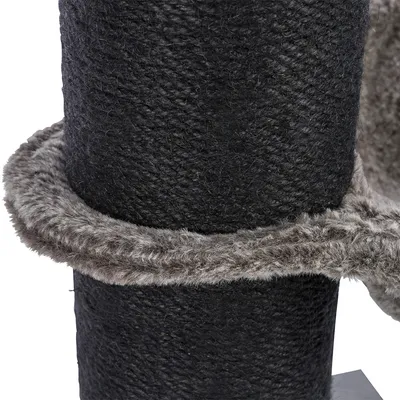 Kratzbaum-Säule aus schwarzem Sisal mit grauem Plüschrand, geeignet für Krallenpflege.
