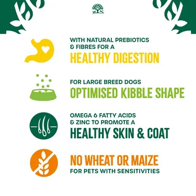 Natural prebiotics and fibres for healthy digestion, optimised kibble shape for large breed dogs, omega 6 and zinc for healthy skin and coat, no wheat or maize for sensitivities.