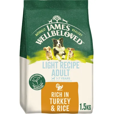 Light recipe adult pet food for ages 1-7 years, hypoallergenic for sensitivities, rich in turkey and rice, 1.5kg pack.