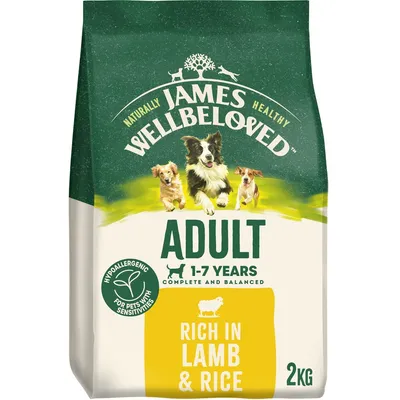 Adult pet food for ages 1-7 years, hypoallergenic, rich in lamb and rice, complete and balanced, 2kg pack, suitable for pets with sensitivities.