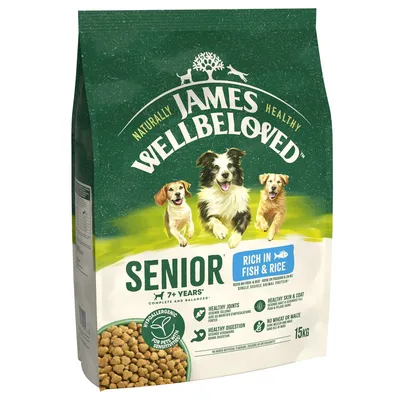 Bag labelled 'Senior 7+ years, rich in fish and rice, hypoallergenic for sensitive pets, healthy joints, skin, coat and digestion, no wheat or maize, 15kg'.