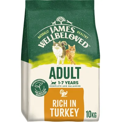 James Wellbeloved Adult 1-7 Years, rich in turkey, hypoallergenic for pets with sensitivities, complete and balanced, 10kg bag.