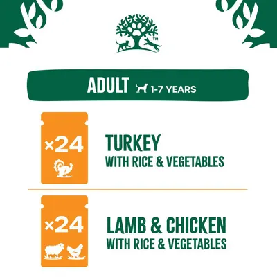Adult 1-7 years. Contains 24 packs of turkey with rice and vegetables, and 24 packs of lamb and chicken with rice and vegetables.