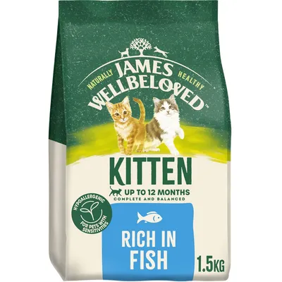 Kitten food for up to 12 months, hypoallergenic, complete and balanced, rich in fish, 1.5kg pack, suitable for pets with sensitivities.