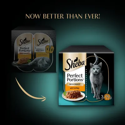 Comparison of old and new Sheba Perfect Portions Rich Gravy with turkey packaging, showing updated design and text 'Now better than ever!'. New pack contains 3 x 75g portions.