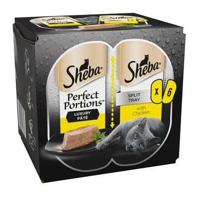 Sheba Perfect Portions Luxury Paté split tray with chicken, pack of 6. Image shows product portion and a grey cat.