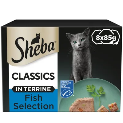 Box showing Sheba Classics in Terrine Fish Selection, 8 x 85g packs, certified sustainable seafood MSC, with image of fish terrine pieces on a plate.