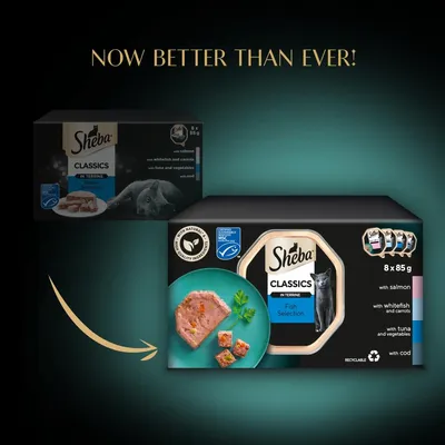 Comparison of old and new Sheba Classics Fish Selection packaging, highlighting improved product with 8 x 85g portions in salmon, whitefish with carrots, tuna with vegetables, and cod.