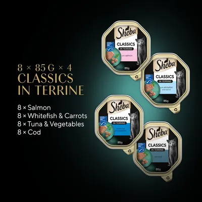 Classics in Terrine multipack: 8 x salmon, 8 x whitefish and carrots, 8 x tuna and vegetables, 8 x cod. Each tray contains 85g.