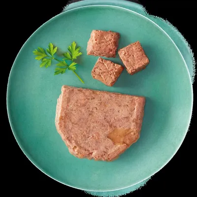 Plate showing a portion of wet pet food with three cut cubes and a sprig of parsley, demonstrating product texture and serving suggestion.