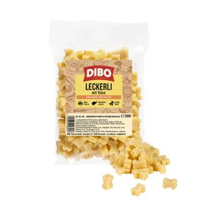 DIBO Treats with Cheese, for Dogs and Cats, meat-free, attractive odour, juicy texture, 200g pouch. DIBO Treats with Cheese, for Dogs and Cats, meat-free, attractive odour, juicy texture, 200g pouch.