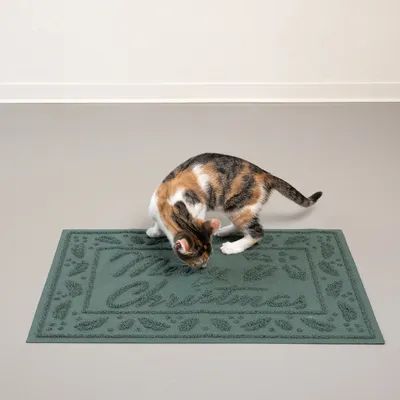 Green mat with Christmas motif and the inscription 'Merry Christmas', with a cat examining the mat.