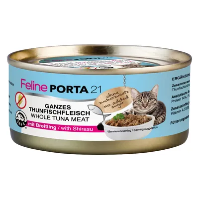 Feline Porta 21, hele stykker tunfisk med brisling og shirasu. Uden tilsat sukker. Supplerende foder til katte. Analytiske bestanddele: protein 14 %, fedt 1 %.
