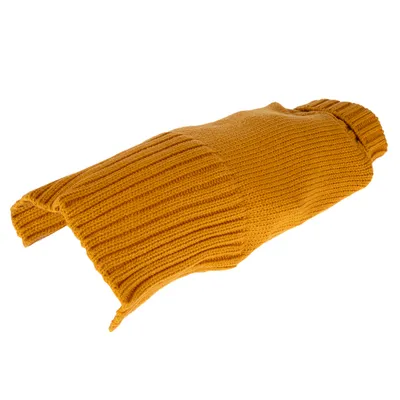 Gelber Strickpullover mit geripptem Design, geeignet für Haustiere. Sichtbar sind Öffnungen für Vorderbeine und Hals.