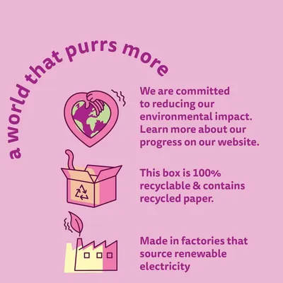 A world that purrs more. Commitment to reducing environmental impact, 100% recyclable box with recycled paper, made in factories using renewable electricity.