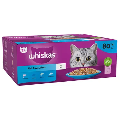 Box showing Whiskas Fish Favourites in jelly, 80 servings, for cats aged 1+, with salmon, tuna, cod and whitefish. Label states 100% complete nutrition.