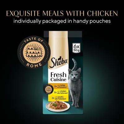 Sheba Fresh Cuisine Taste of Rome selection, 6 x 50g pouches with turkey al Pomodoro, chicken alla Carbonara, and poultry alla Puttanesca. Exquisite meals with chicken.