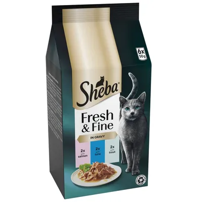 Sheba Fresh & Fine in Gravy, 6 x 50g pouches with 2 salmon, 2 tuna, and 2 trout, shown on packaging with a plate of food and recycling symbol.