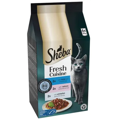 Sheba Fresh Cuisine, 6 x 50g. Contains 2 with tuna and a hint of rice, 2 with salmon and a hint of rice, 2 with whitefish and a hint of rice. Taste of Tokyo.