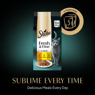Sheba Fresh & Fine in Jelly, 6 portions of 50g each: 2 with turkey, 2 with chicken, 2 with poultry. Text reads 'Sublime every time. Delicious meals every day.'