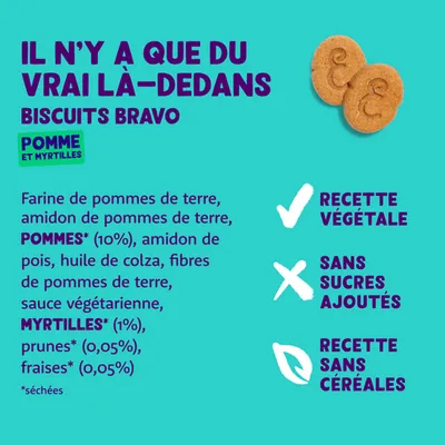 Bravo Biscuits avec pomme et myrtilles. Ingrédients : farine de pomme de terre, pomme (10 %), myrtilles (1 %), recette végétale, sans sucre ajouté, sans céréales.
