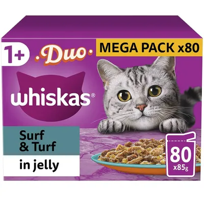 Whiskas Duo Mega Pack, 80 x 85g pouches, Surf & Turf in jelly, suitable for 1+ years as shown on packaging.