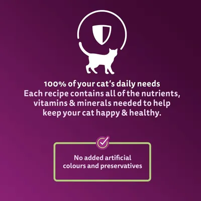 100% of your cat’s daily needs. Each recipe contains all nutrients, vitamins and minerals. No added artificial colours or preservatives.